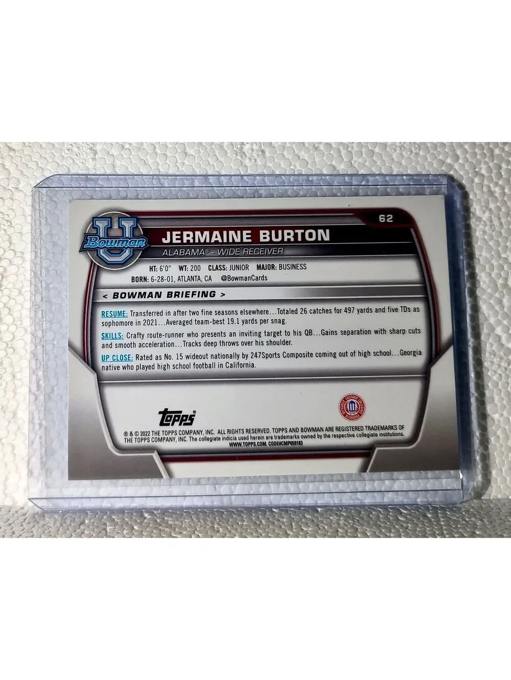 Jermaine Burton 2022 Topps 1st Bowman U Football #62 Card Alabama